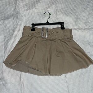 Tan Denim Pleated Skirt with Buckle